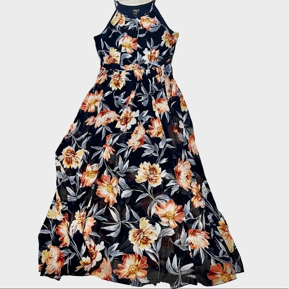 Alexa B Nites Floral Metallic Navy Chiffon Maxi Evening Formal Dress - Size 8